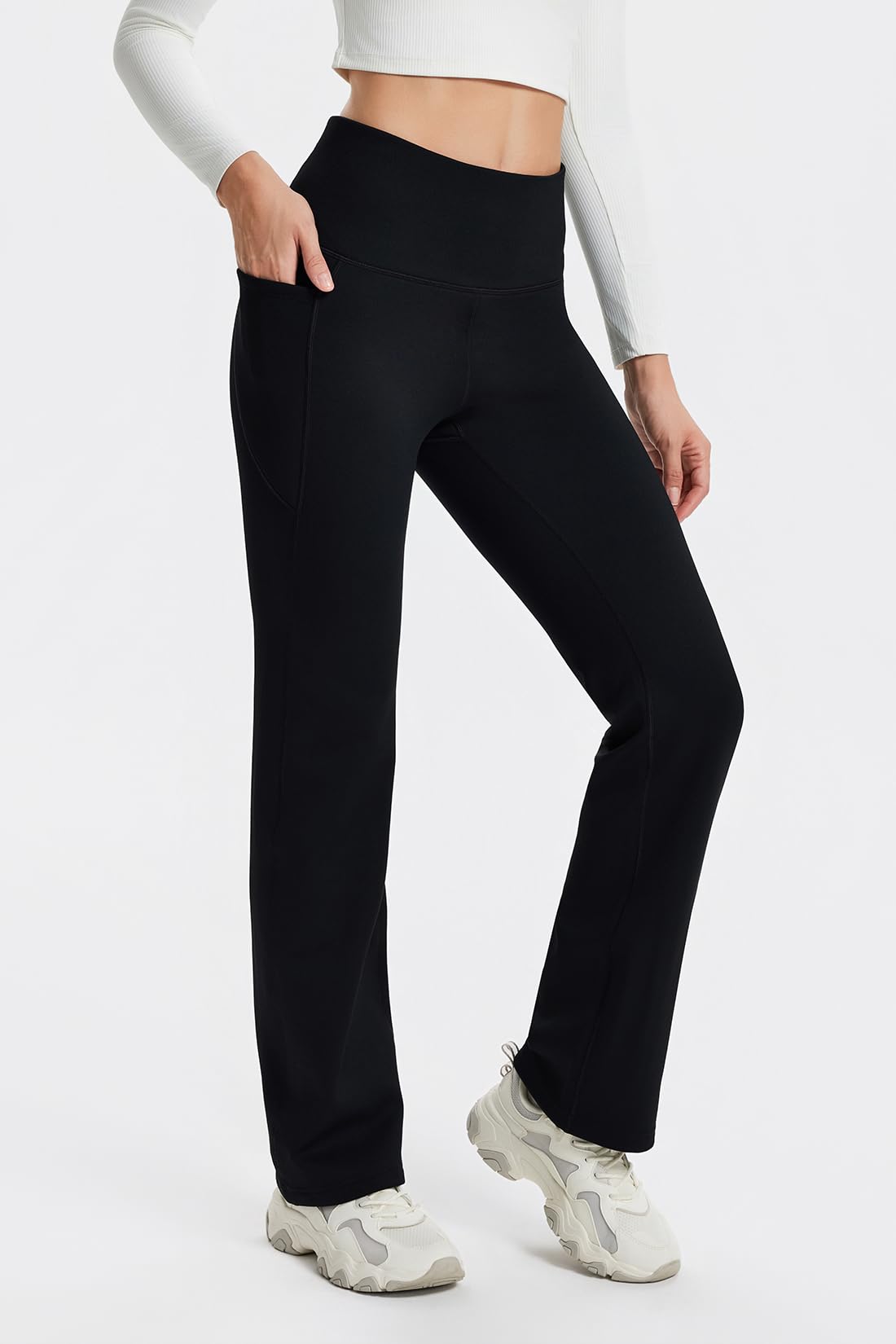 Yogipace Petite Women's CozyWarmth High Rise Thick Fleece Lined Straight Leg Thermal Sweatpants with Side Pockets,27",Black,Size M