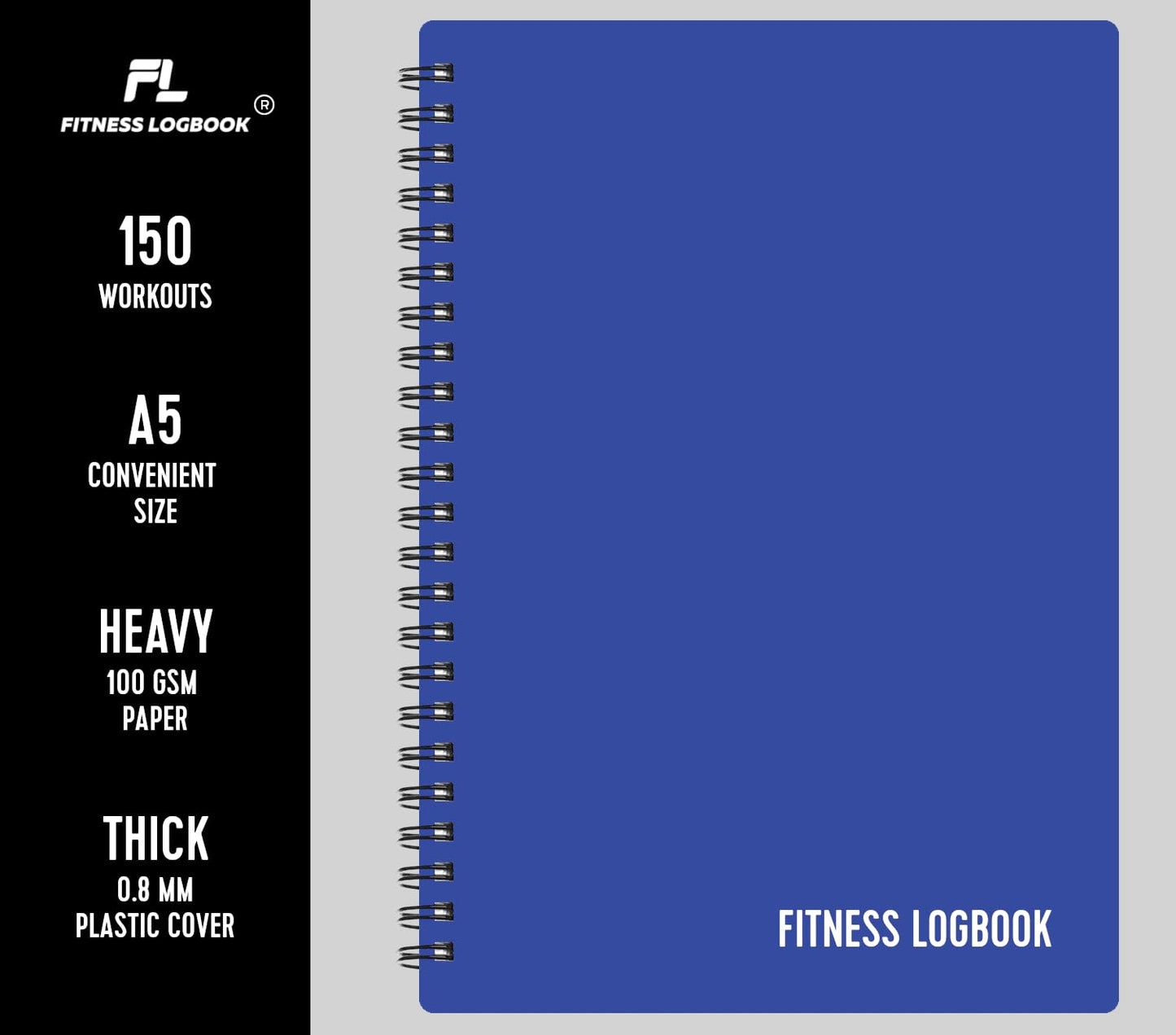 Fitness Logbook (Blue) - A5 Undated Workout Journal For Men & Women - Plastic Cover & Thick Paper - Planner Log Book To Track Weight Loss, Muscle Gain, Gym Exercise, Bodybuilding Progress