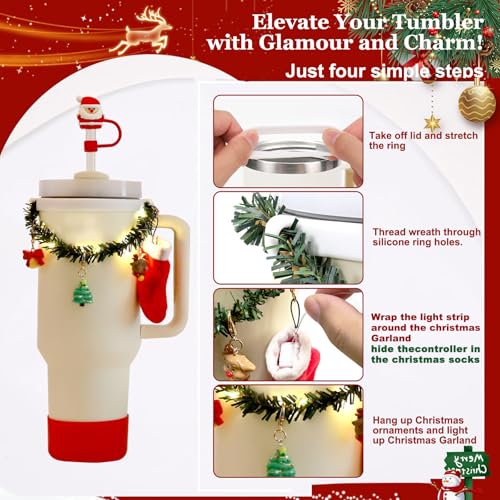 12Pcs Christmas Stanley Cup Accessories Set Including Light Up Christmas Garland, Straw Toppers, Silicone Boot, Water Bottle Charm for Stanley Tumbler 40oz&30oz