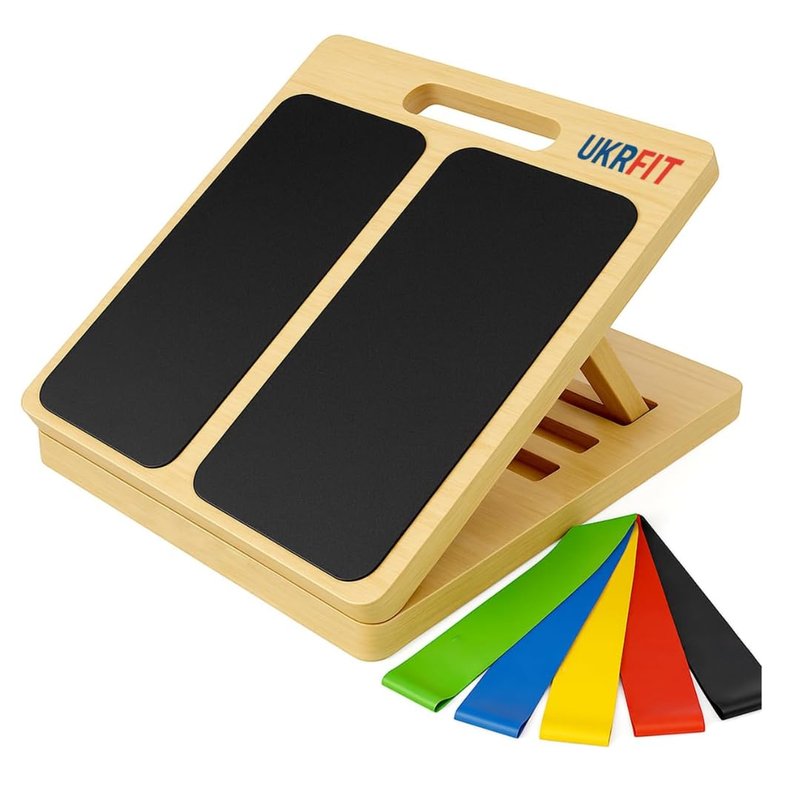 UKRFIT Adjustable Slant Board for Calf Stretching – Foldable Non-Slip Incline Board for Ankle Mobility & Achilles Tendon, Wooden Balance Trainer with Resistance Bands
