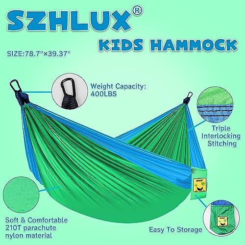 SZHLUX Kids Hammock - Kids Camping Gear, Camping Accessories with 2 Tree Straps and Carabiners for Indoor/Outdoor Use, Sapphire Blue & Grass Green