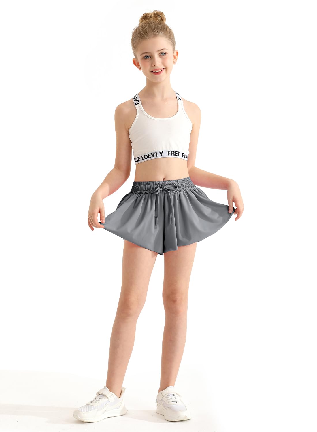 Girls Flowy Shorts with Spandex Liner 2-in-1 Youth Butterfly Skirts Grey for Fitness, Running, Sports 5-6 Years