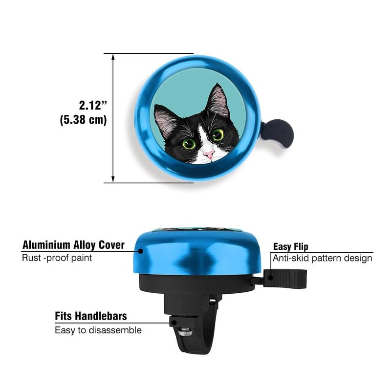 WIRESTER Blue Aluminum Round Bike Bell, Classic Ring Bicycle Bell, Bike Accessories Bell Ring for Adults Kids Girls Boys - Black White Tuxedo Cat
