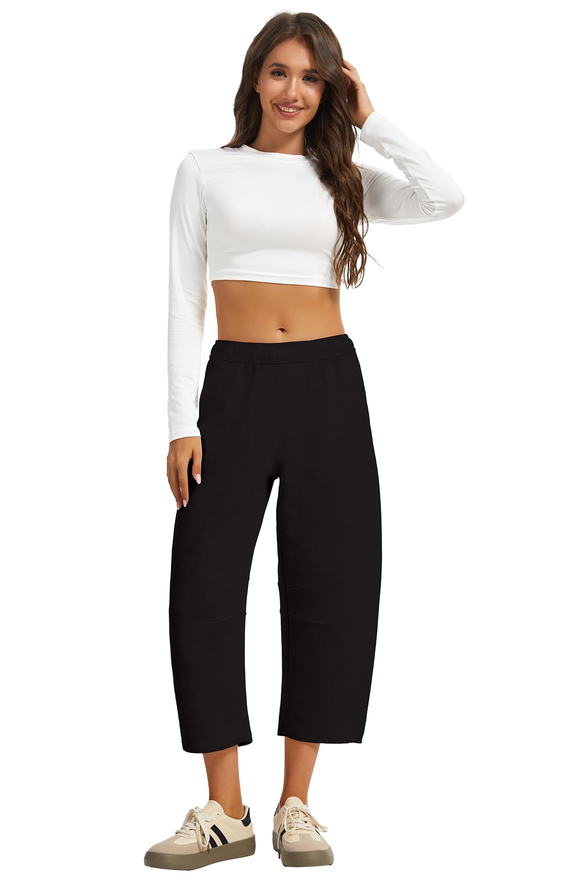 Leovqn Women's Barrel Cropped Sweatpants Drawstring Elastic Waisted Wide Leg Pants Casual Soft Baggy Capri Sweat Pants