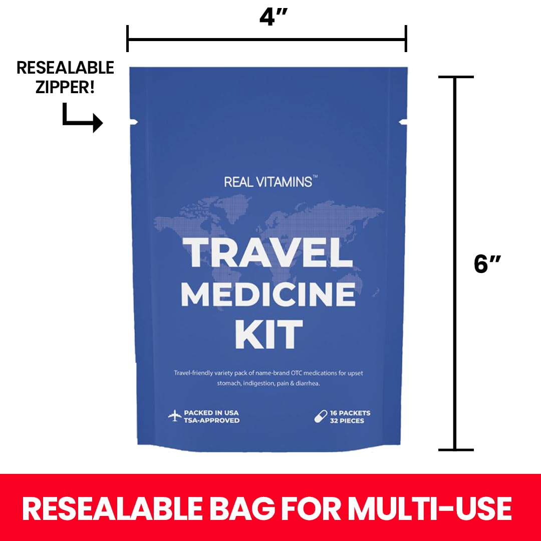 Travel Medicine Kit - 16 Pcs Individually Wrapped Packets of Ibuprofen, Bismol, Sodium Bicarbonate & Antacids - TSA-Approved Medicine Variety Pack by Real Vitamins (1 Kit)