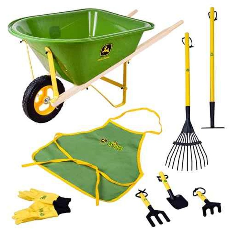 John Deere Deluxe 34" Wheelbarrow and Garden Set Includes 5 Realistic Gardening Tools,Gardening Apron, Gardening Gloves, Large Metal Wheelbarrow with Wooden Handles, Outdoor Toy Ages 5+