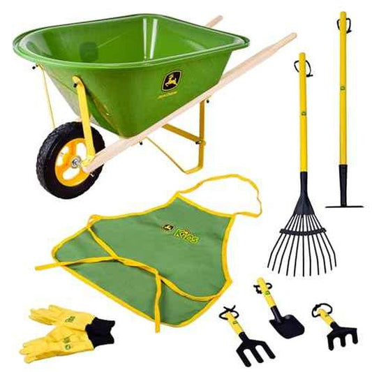 John Deere Deluxe 34" Wheelbarrow and Garden Set Includes 5 Realistic Gardening Tools,Gardening Apron, Gardening Gloves, Large Metal Wheelbarrow with Wooden Handles, Outdoor Toy Ages 5+