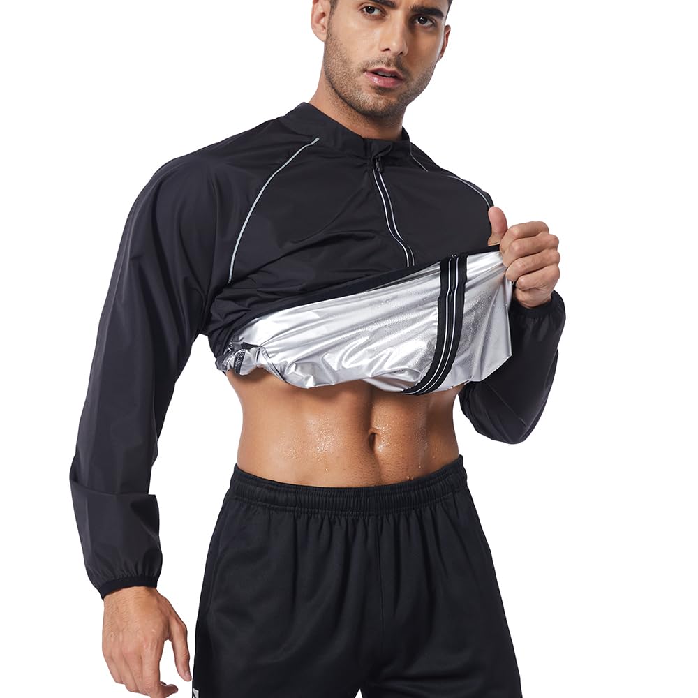 LAZAWG Sauna Sweat Suit Mens Long Sleeve Zipper Workout Lightweight Men Sweat Jacket Gym Exercise Fitness Running