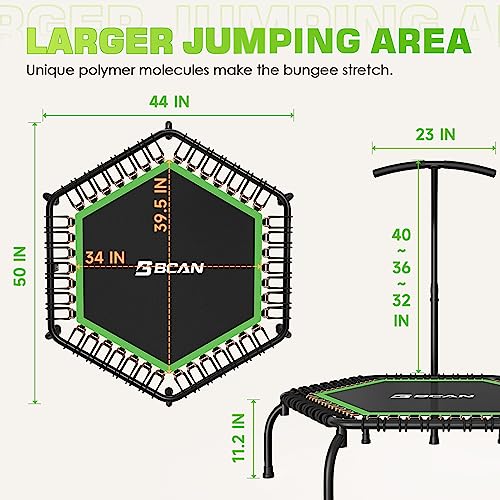 BCAN 48" Mini Trampoline, 550 LBS Fitness Trampoline with T-Adjustable Handle Bar, Bungees, Stable & Quiet Exercise Rebounder for Kids Adults Indoor/Garden Workout-Green