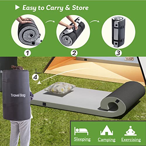 Memory Foam Camping Mattress 2.5 inch, Twin Portable Roll Up Camping Sleep Topper with Waterproof and Non-Slip Bottom, Camping Car Mat with Travel Bag, 75"×38"×2.5", Grey