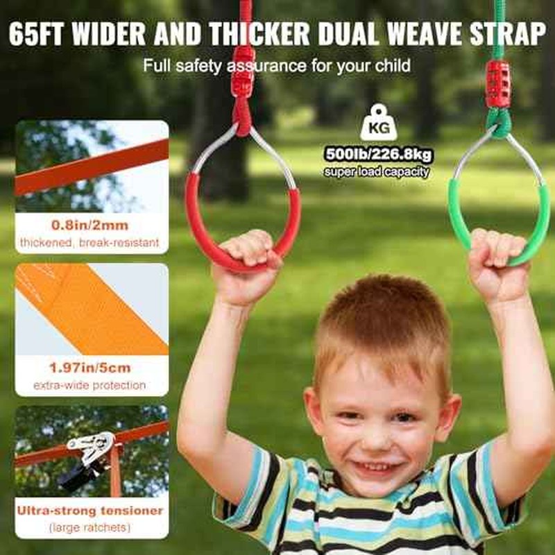 VEVOR Ninja Warrior Obstacle Course for Kids, 2 x 65 ft Weatherproof Slacklines, 500lbs Weight Capacity Monkey Line, Outdoor Playset Equipment, Backyard Toys Training Equipment Set with 12 Obstacles