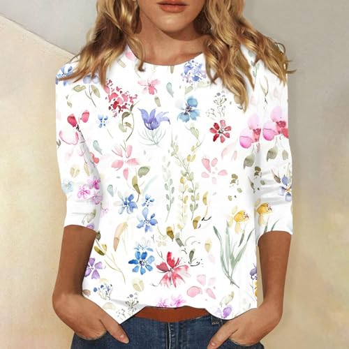 3/4 Sleeve Tops for Women 2024 Summer Shirts V Neck Floral Tshirts Button Peasant Blouses Loose Graphic Tees T-Shirts, Tshirts Shirts for Women Trendy, Plus Size Tops for Women