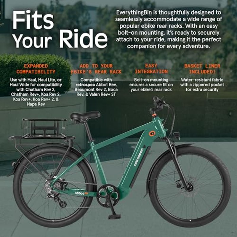 Retrospec EverythingBin Heavy-Duty Steel eBike Rear Basket with Water-Resistant Liner - Large Capacity Cargo Carrier for Electric Bikes (13x18x5.7)