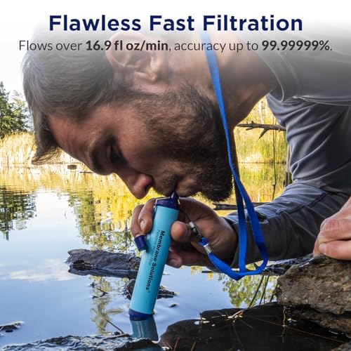 Membrane Solutions Personal Water Filter, Survival Filtration Straw Portable Gear, Emergency Preparedness, Supply for Drinking Hiking Camping Travel Hunting Fishing Team Family Outing (Blue, 1 Pack)