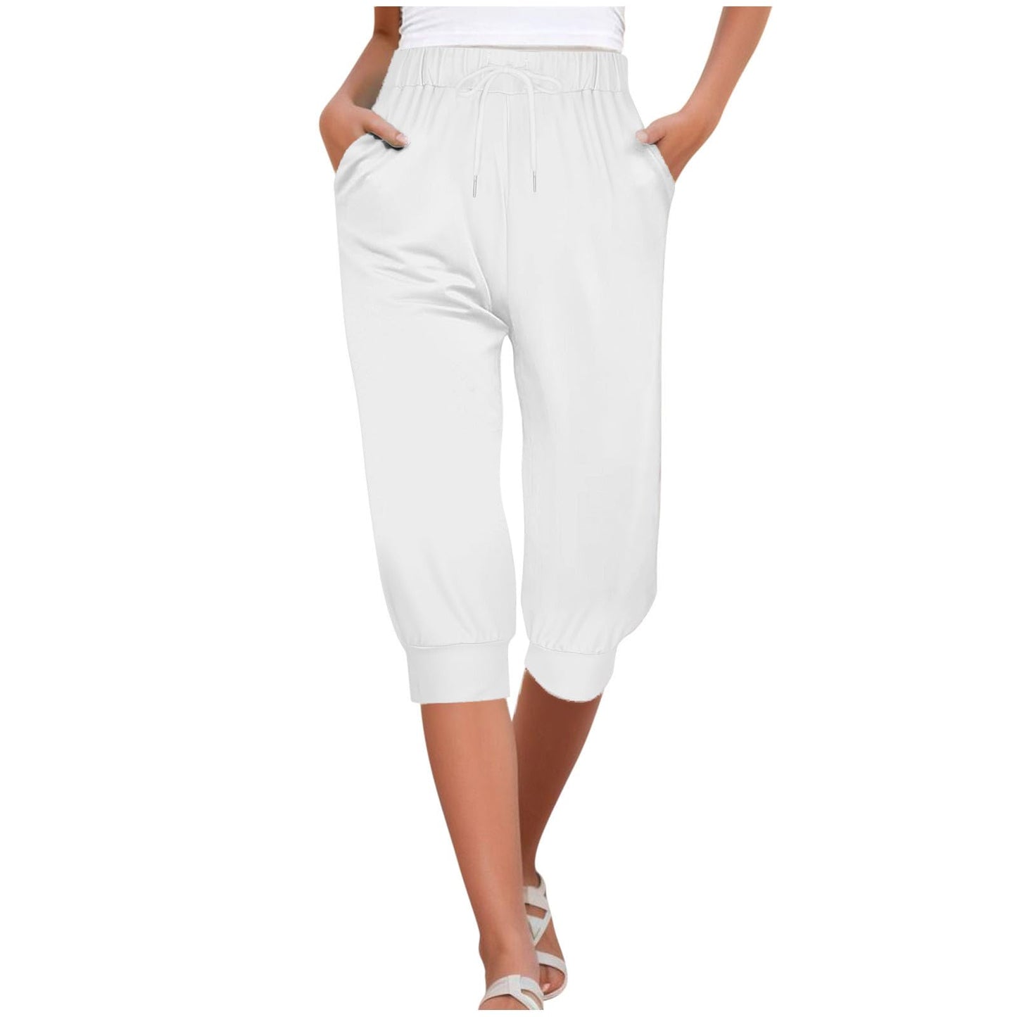 Womens Capri Sweatpants Joggers Summer Casual Cropped Jogger Pants Gym Workout Yoga Capris with Pockets White