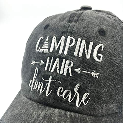 Waldeal Womens Embroidered Camping Hair Don't Care Ponytail Hat Adjustable Glamping Baseball Cap Black