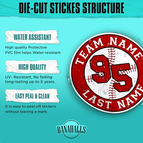 Custom Baseball Name Sticker Personalized Player Name Number for Baseball Softball Bat Knob Hard Hat Waterproof Vinyl Decal for Water Bottle Kindle Laptop, Hardhat Stickers Gift for Her Him Kids