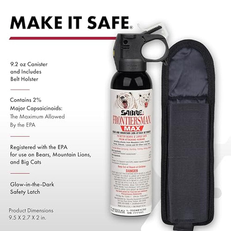 SABRE Frontiersman MAX Bear Spray ? 40 ft Range, Maximum Strength, The Only EPA-Registered Spray for Bears & Mountain Lions, 9.2 oz, Glow Safety Clip, Outdoor Hiking & Camping Protection