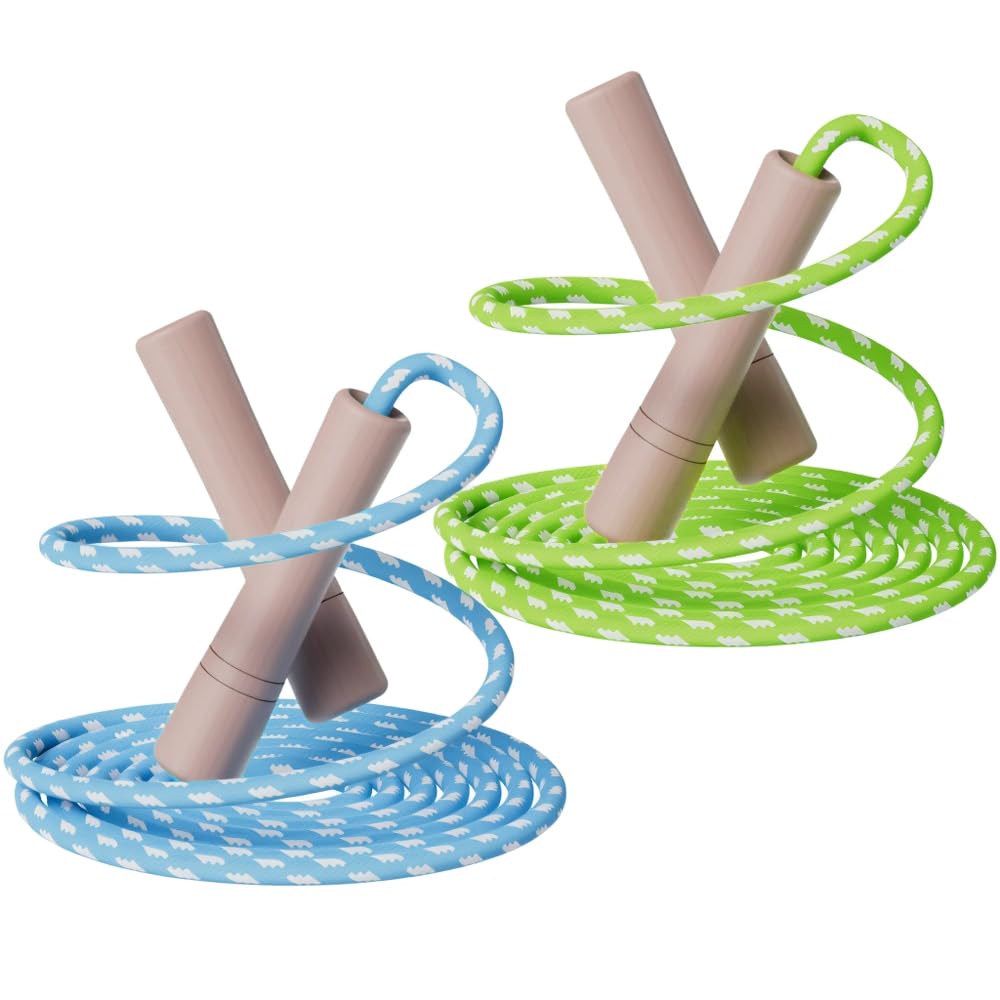 Homello Jump Rope for Kids - Wooden Handle - Adjustable Cotton Braided Fitness Skipping Rope for Toddler Fitness Workout Exercise Outdoor Activity (Green+Blue)