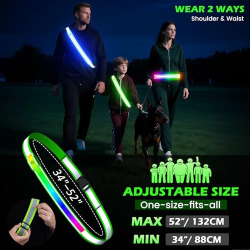 Reflective Sash Gear for Walking at Night,Flashing LED Reflective Belt Safety Lights for Walkers Night Dog Walking Biking Running,High Visibility Rechargeable with Wear 2 Ways for Men Women