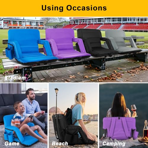 yeyeeyyee Stadium Seats with Back Support Wide, Exclusive Bleacher Chairs with Back and Cushion Folding Stadium Chairs, 6 Reclining Positions Waterproof Bleacher Seats with 2Hooks (Wide|22.5" Purple)