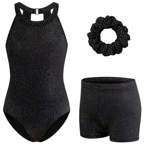HOZIY Girls Gymnastics Leotard for 9-10 Years - Black Sparkle with Biketard & Shorts