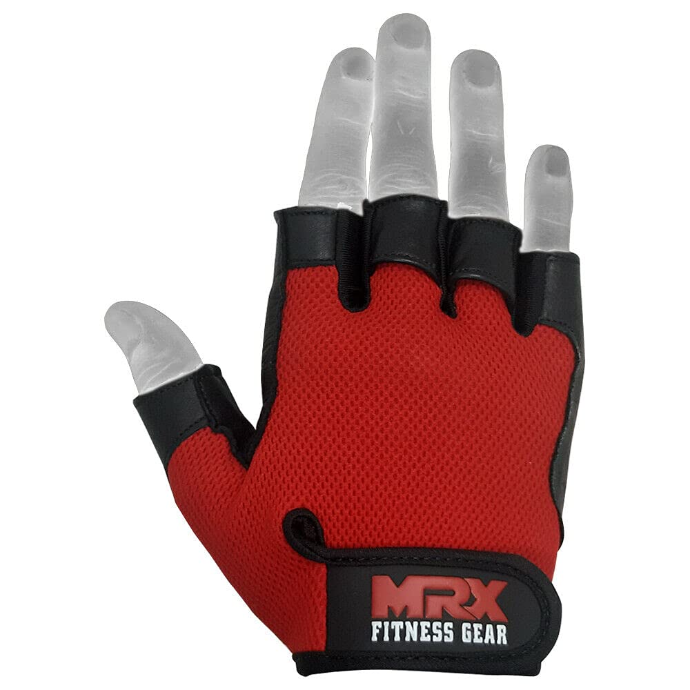 Weightlifting Gloves Leather Palm Grip Half Finger Body Building Gym Glove for Exercise Training Fitness Workout Men Women Lifts Made Spandex Materials, Red, Medium