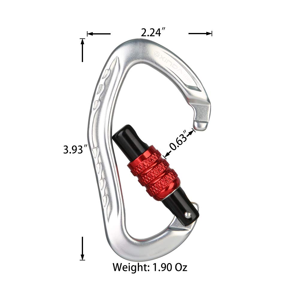 XINDA 22KN Screwgate Climbing Carabiner Clip, Heavy Duty Offset D-Ring Locking Carabiner Large, CE UIAA Certified Carabiner Hooks for Climbing Hammock (2 pcs Silver)