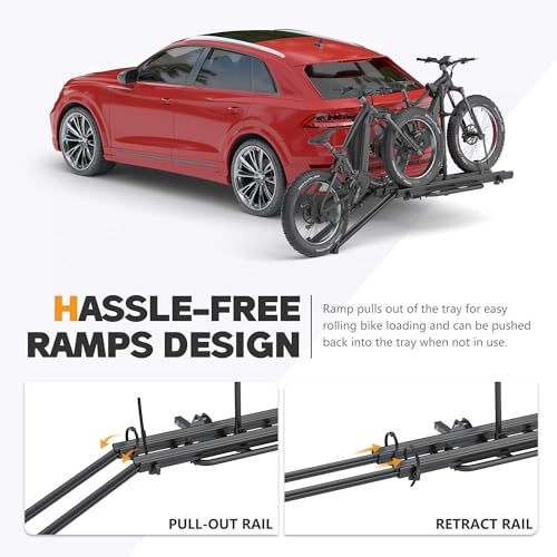 HOPE YOU READY 2 EBike Rack with Ramp, 2'' Hitch Mounted Lockable Bike Racks, 200lbs Capacity Foldable Platform, Up to 3'' Fat Tire Carrier for Standard and Electric Bicycles for Car SUV Truck RV