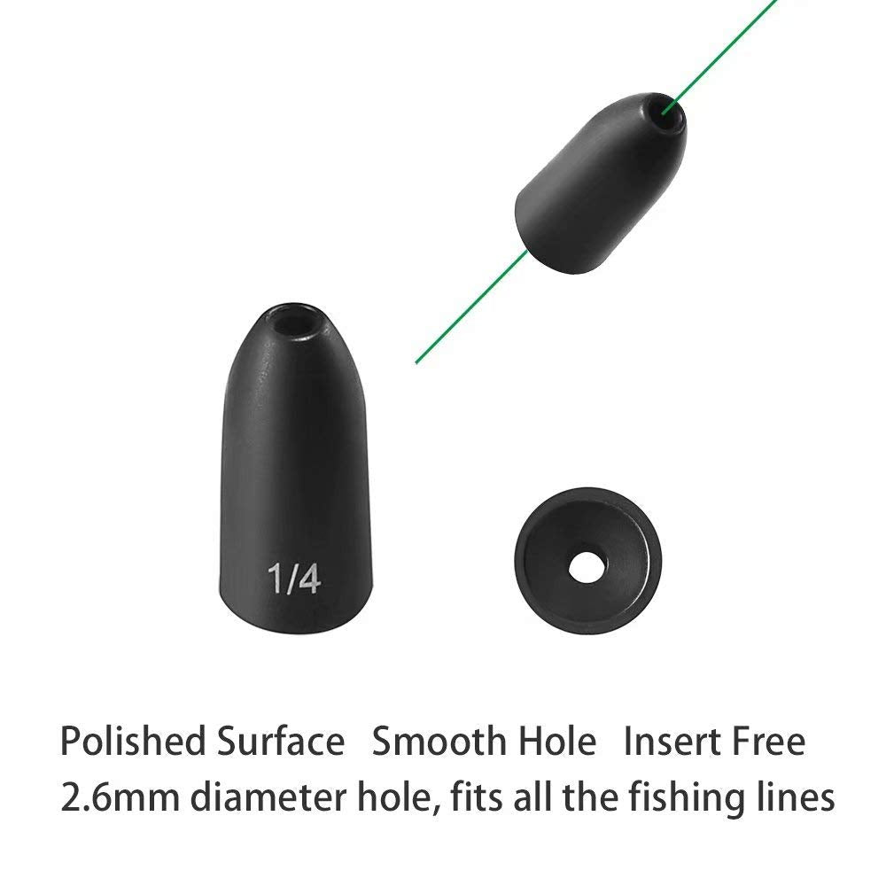 Fishfun Tungsten Bullet Fishing Weights, Insert Free Worm Sinkers, 12 Pack, 1/16oz, No Chip Black