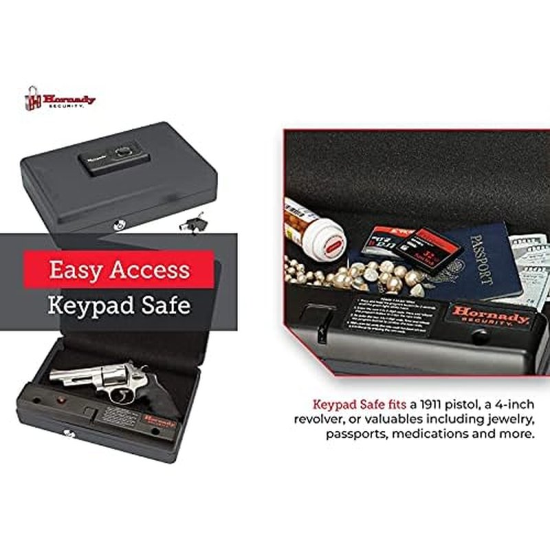 Hornady Handgun Vault Safe with Keypad Entry ? Secure Your Firearms and Valuables ? 4-6 Keypad Entry, Interior Light and Backup Keys ? Black, 12 (H) x 8.3 (W) x 2.6 (D) Inches ? Item 95432