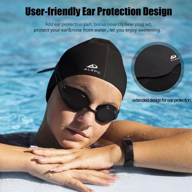 Womens Swim Cap for Long Hair, High Elasticity Thick Silicone Swimming Hats for Women Men Unisex Adults, Bathing Swimming Caps with Ear Plugs and Nose Clip, Keep Your Hair Dry