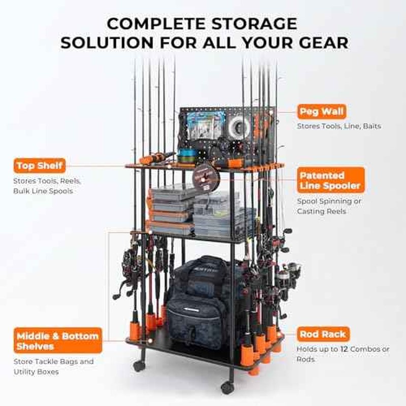 KastKing V12 Gear Trolley, Indoor Fishing Rod Holder for 12 Combos, 3-Tier Fishing Accessory Shelves With Peg Wall, Patented Built-in Line Spooler, Mobile Tackle Storage Cart With Locking Wheels