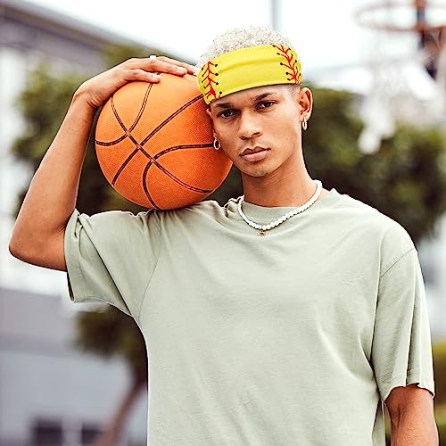 Zeyune 6 Pcs Softball Party Headband Softball Headband Yellow Breathable Elastic Head Wrap Adjustable Sweat Proof Hair Band Bandana Workout Headbands for Men and Women