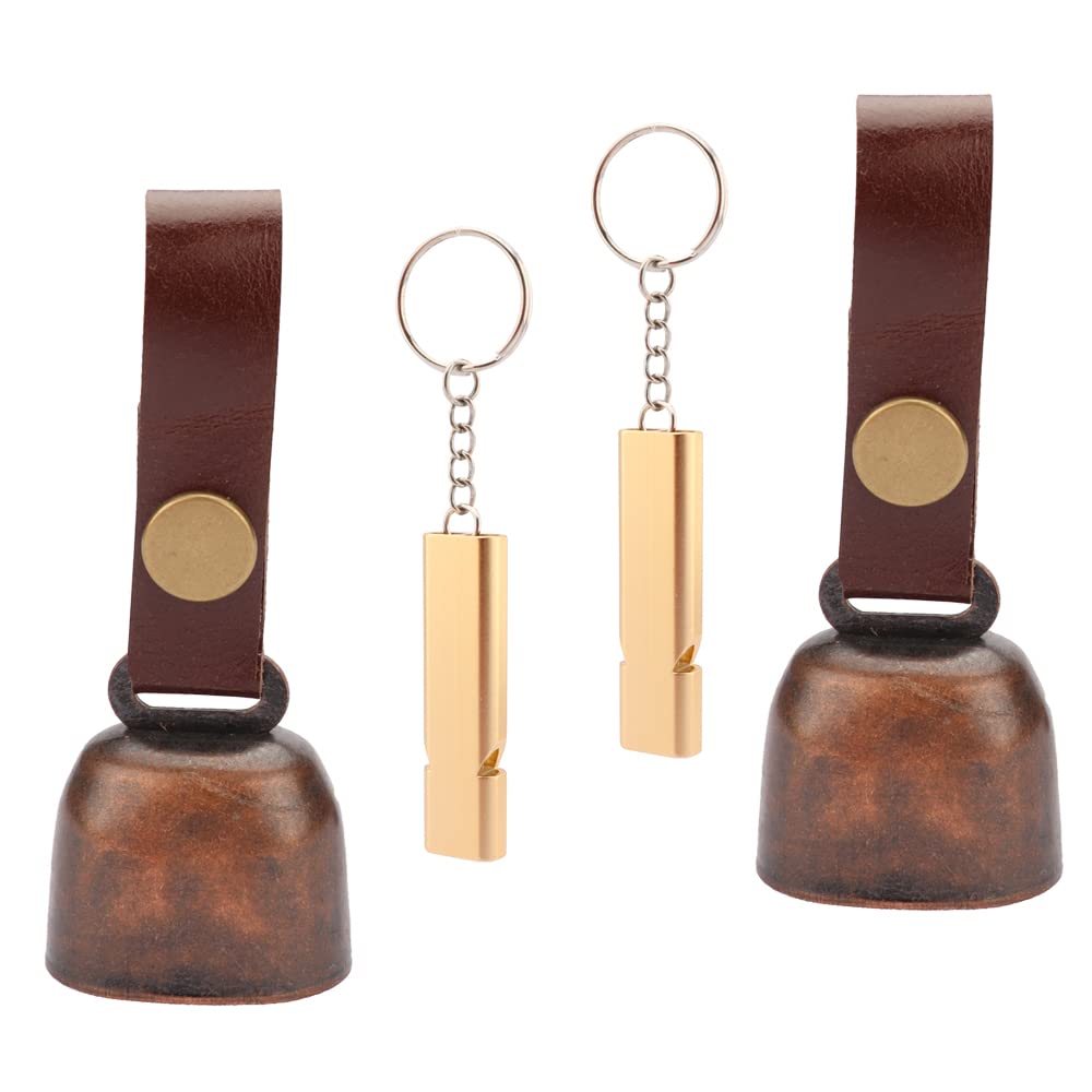 Loud Bear Bells with Leather Button Strap and Emergency Whistle for Survival, Hiking, Biking, Fishing, Climbing（2sets