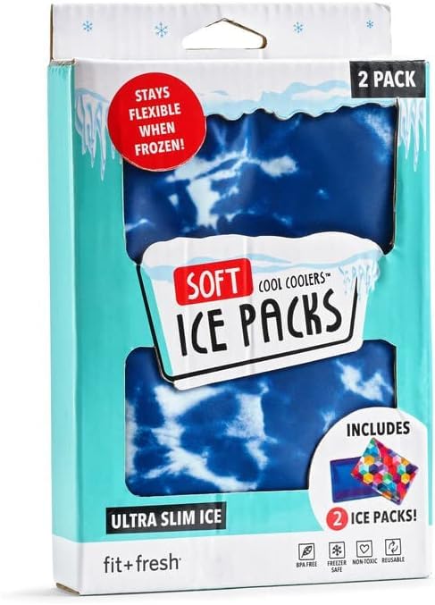 Cool Coolers by Fit & Fresh 2 Pack Soft Ice, Flexible Stretch Nylon Reusable Ice Packs for Lunch Boxes & Coolers, Blue Tye Dye