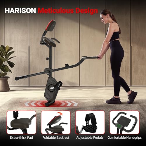 HARISON Foldable Exercise Bike with Arm Resistance Bands 350 LBS Capacity, 5 in 1 Magnetic Stationary Bikes for Home with 16-Level Resistance and Bluetooth, Magnetic X-Bike with LCD Monitor & Back Support