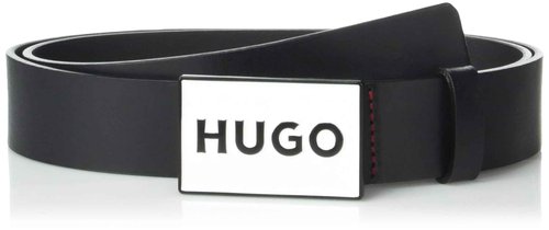HUGO Logo Plaque Smooth Leather Belt, Black Currant, 30