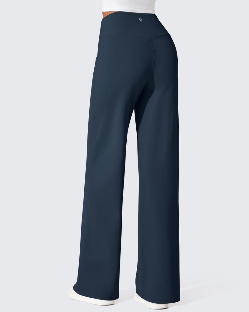 G4Free Wide Leg Fleece Lined Pants Woman High Waisted Work Pants Winter Thermal Warm Pants with Pockets for Yoga Dressy (Navy Blue,M,29")