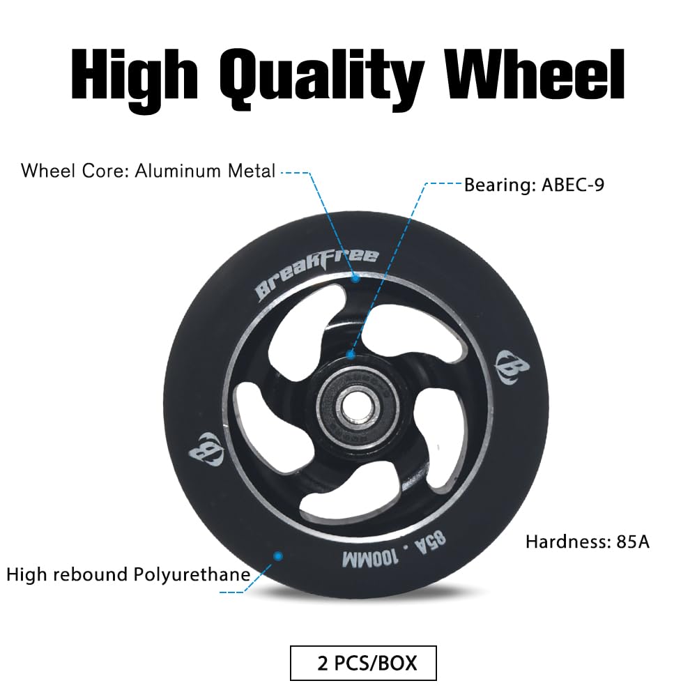 B BREAKFREE 100mm Replacement Scooter Wheels Aluminum Core High Rebound Polyurethane 85A Hardness 2 Pack for MGP/Razor/Lucky Pro Scooters(Black)