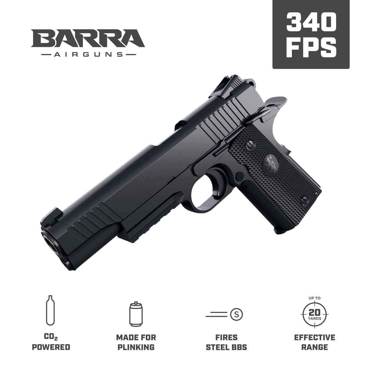 Barra Airguns 1911 Blowback BB Gun, Guns for Adults, Gas Blowback BB Pistols, CO2 Powered, .177 Caliber, 340 FPS, All Metal, Semi Auto Action, Black