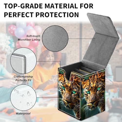 AIRWEE Card Deck Box for MTG Trading Cards, Magic Card Box Can Hold 110+ Single Sleeved Cards, Waterproof PU Leather Material, Strong Magnetic Buckle Card Set Box Suitable for TCG CCG, Jungle Leopard