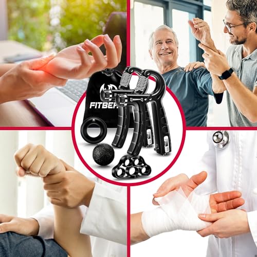 FitBeast Hand Grip Strengthener Workout Kit (5 Pack), 2 Forearm Grip Adjustable Resistance Hand Gripper, Finger Stretcher, Grip Ring & Stress Relief Grip Ball for Athletes