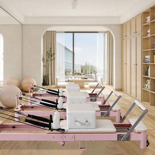 Pilates Reformer,Foldable Pilates Machine Equipment for Home and Studio Cardio Fitness Rebounder Suitable for Beginners and Intermediate Users (Pink)