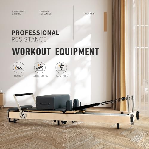 Foverós Pilates Reformer,Wood Foldable Pilates Machine & Equipment with Reformer Accessories, Reformer Box, Jump Board，Foot Strap