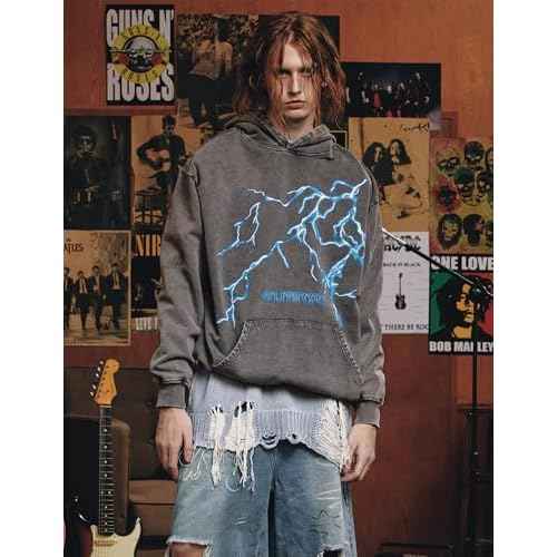 Aelfric Eden Mens Lightning Graphic Hoodies Print Oversized Unisex Streetwear Vintage Hoodie Y2k Sweatshirt Pocket Pullover