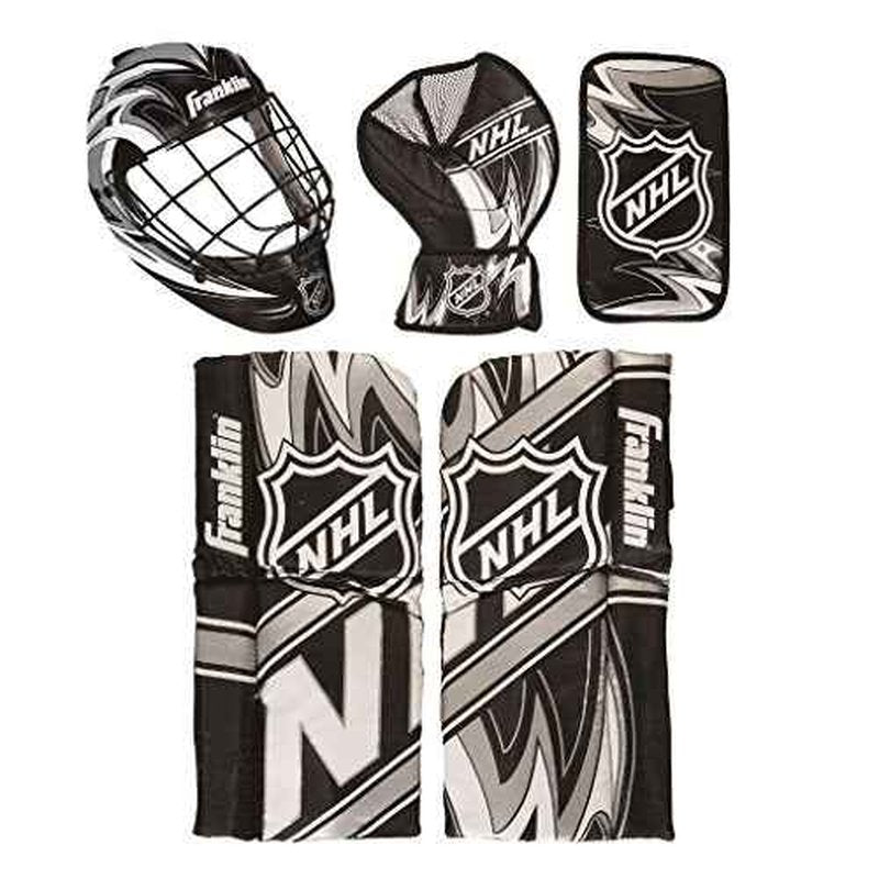 Franklin Sports NHL Youth Knee Hockey Goalie Pads + Helmet Set - Kids Knee + Mini Hockey Goalie Gear + Equipment - (2) Leg Pads, Catch Glove, Blocker + Mask Included