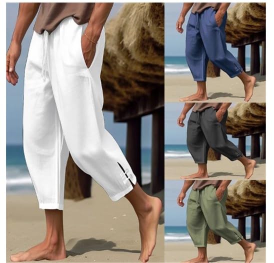 YWASYA Beach Pants for Mens Capri Pants Solid Color Elastic Waist Tapered Pants Drawstring Capris Baggy Pants Trousers