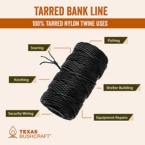 Texas Bushcraft Tarred Bank Line Twine - #36 Black Nylon String for Fishing, Camping and Outdoor Survival – Strong, Weather Resistant Bankline Cordage for Trotline (1/4 lb - #36 (131 ft), Braided)