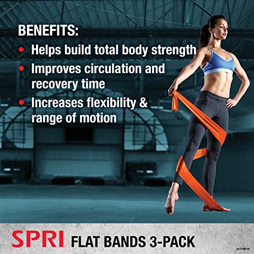 SPRI Flat Bands 3-Pack - Resistance Band Kit Set with 3 Levels of Resistance - Exercise Bands for Strength Training, Flexibility, & Body Workout - Versatile Fitness Tool - Light, Medium, and Heavy